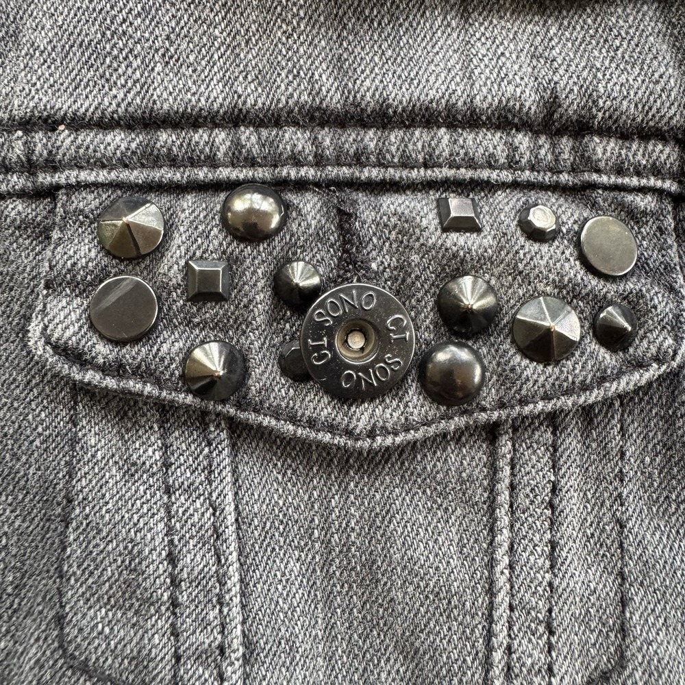 Womens Black Studded Denim Vest Moto Punk Grunge Frayed Sleeveless Jacket S - Picture 2 of 12